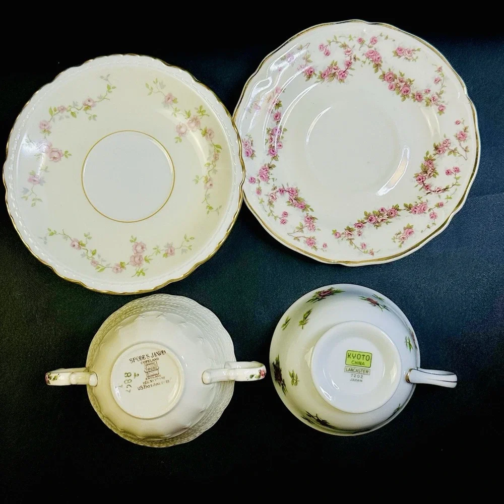 Mismatched‎ Tea Cups & Saucers Set Of 2 Vtg Bone China Pink Roses Green Floral